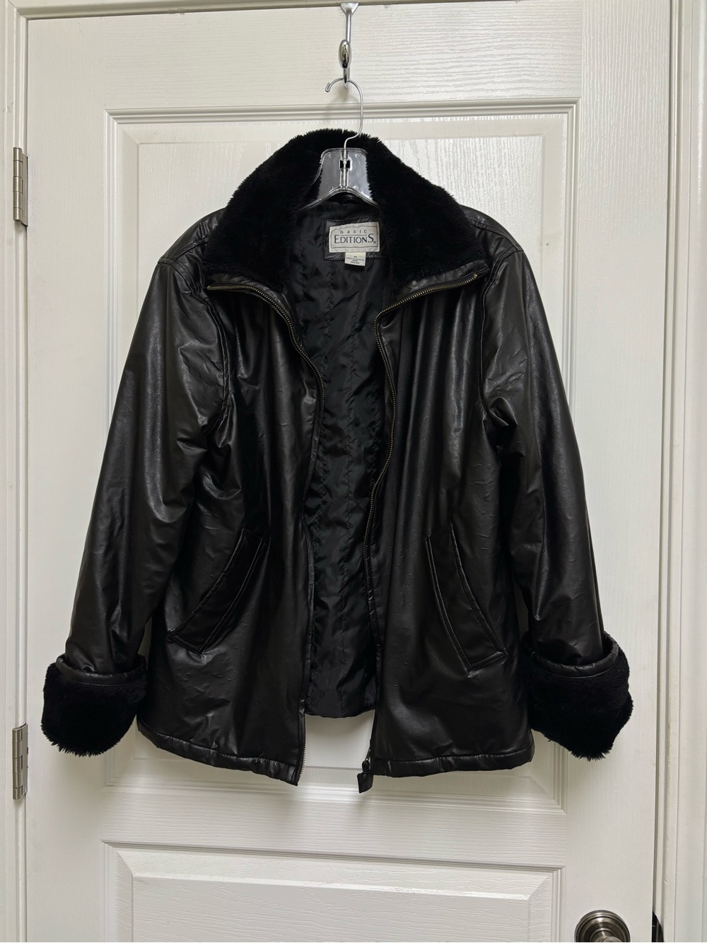 Black Faux Leather Jacket with Faux Fur Trim